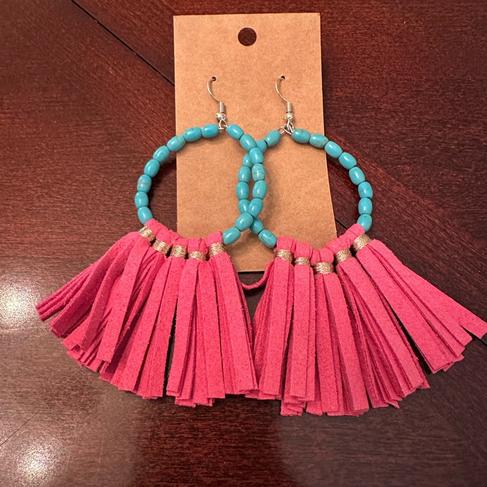 Trail of Tears Beaded Suede Tassel Earrings Pink Turquoise NWOT